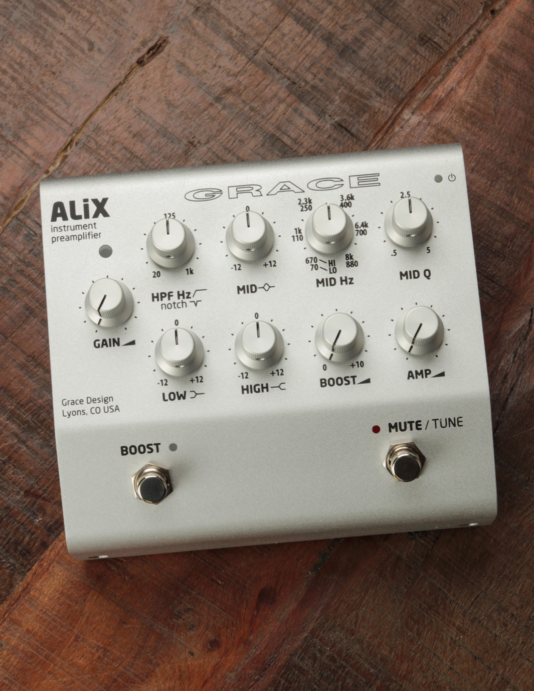 Grace Design ALiX Acoustic Instrument Preamp / EQ / DI / Boost Pedal, Silver