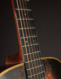 Close-up of a guitar's neck against a dark background