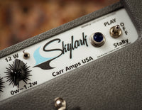Close-up of Skylark Carr Amps USA amplifier control panel with branding and controls.