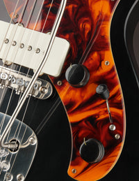 Close-up of a guitar with tortoiseshell pickguard.