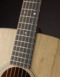 Close-up of an acoustic guitar's fretboard and soundhole on a dark background
