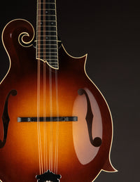 Close-up of a Collings mandolin with a dark background