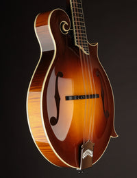 Side view of a Collings mandolin against a dark background