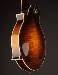 Side view of a Collings mandolin against a dark background