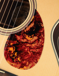 Close-up of an acoustic guitar's soundhole and tortoiseshell pickguard