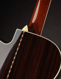 Close-up of a guitar's neck and headstock with a dark background