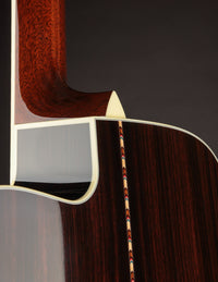 Close-up of a guitar's neck and body with a dark background