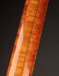Close-up of a multi-piece guitar neck with a dark background