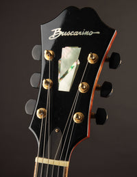 Close-up of a guitar headstock with 'Buscanino' branding on a dark background