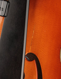 Close-up of a guitar top's pickguard, f hole, and a small crack in the top. 