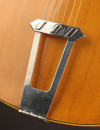 Close-up of a guitar's metal tailpiece