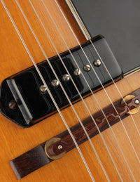 Close-up of a guitar's bridge and strings with a focus on the pickup.