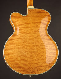 Back view of an archtop guitar against a dark background