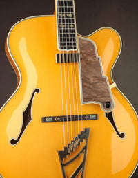 Blonde archtop guitar on a dark background