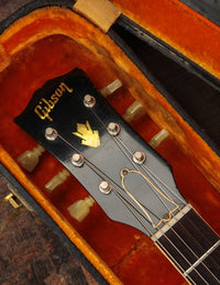Gibson guitar headstock with brand logo in a case