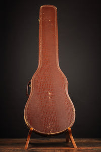 Brown crocodile-patterned guitar case on a wooden stand against a dark background