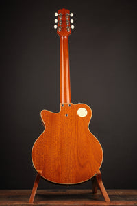 Wooden guitar on a stand against a dark background