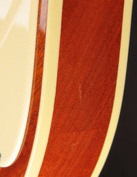 Close up of binding and pickguard on an electric guitar
