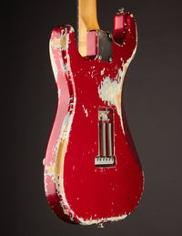 1964 candy apple red Fender Stratocaster, back/side view