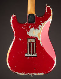 Back view of 1964 candy apple red Fender Stratocaster 