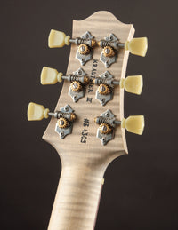Guitar headstock with tuning pegs on a dark background