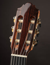Close-up of a guitar headstock with wooden finish and gold tuning pegs on a dark background