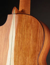 Close up of the back of a classical guitar on a dark background