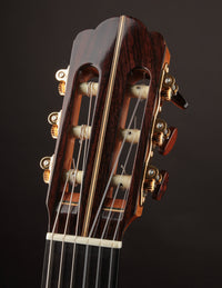 Close-up of a guitar headstock with tuning pegs on a dark background