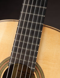 Close-up of a classical guitar's soundboard and fretboard