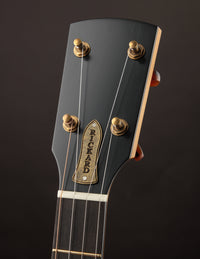 Close-up of a banjo headstock with 'Rickard' branding on a dark background