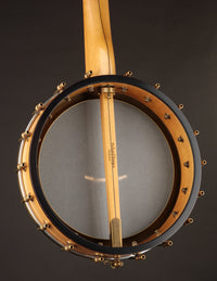 Back view of Rickard Dobson banjo on a dark background