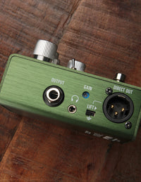 Side view of the Bass Zio pedal's 1/4" output jack, XLR out jack, headphone jack, and gain control. 
