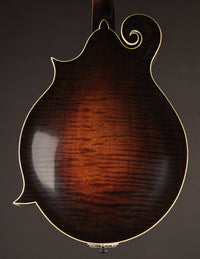 Close-up of a mandolin's back plate with a dark brown finish on a gray background