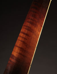 Close-up of the mandolin's flamed maple neck with a dark brown finish on a black background