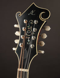 Close-up of the mandolin's headstock with decorative elements on a dark background