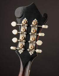 Close-up of a mandolin headstock with tuning pegs on a dark background