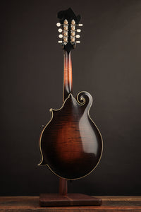 Mandolin on a stand against a dark background