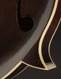 Close-up of the mandolin's body with a small view of the top's f-hole. 