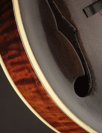 Close-up of the mandolin's f-hole with a focus on wood grain and finish.