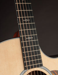 Close up of fingerboard on a Taylor acoustic guitar on a dark background