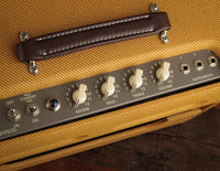 A close up of the Vicky Verb's controls - Reverb, Bass, Treble, Volume, with 3 inputs, an on/off switch, and Standby with Full or Half Power options when engaged. 