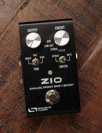 Source Audio ZIO Analog Front End + Boost pedal with four knobs and a toggle switch, labeled for output, circuit, tone, and switch settings.