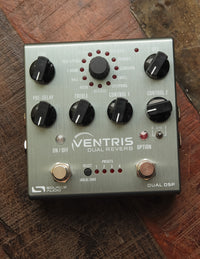 Source Audio Ventris Dual Reverb pedal with multiple knobs for control, featuring a brushed anodized aluminum housing.